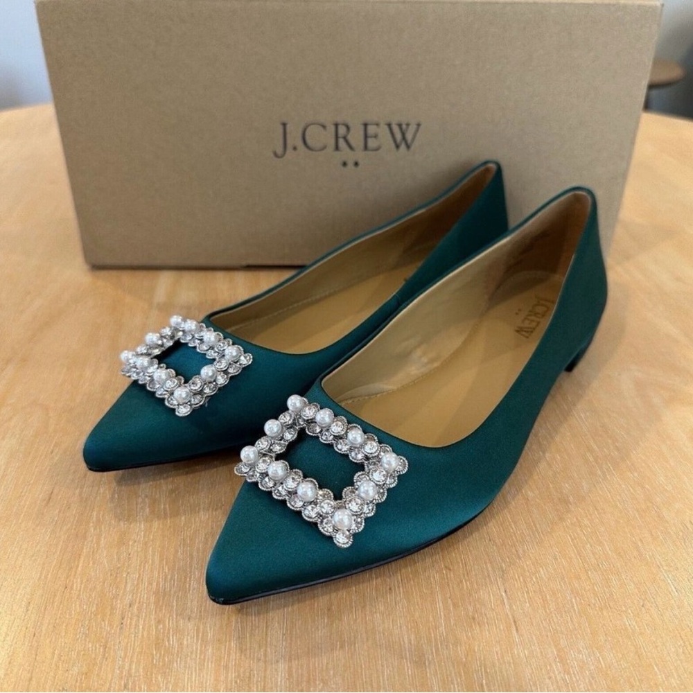 J. Crew Women's Satin Flats with Crystal and Pearl Accent
